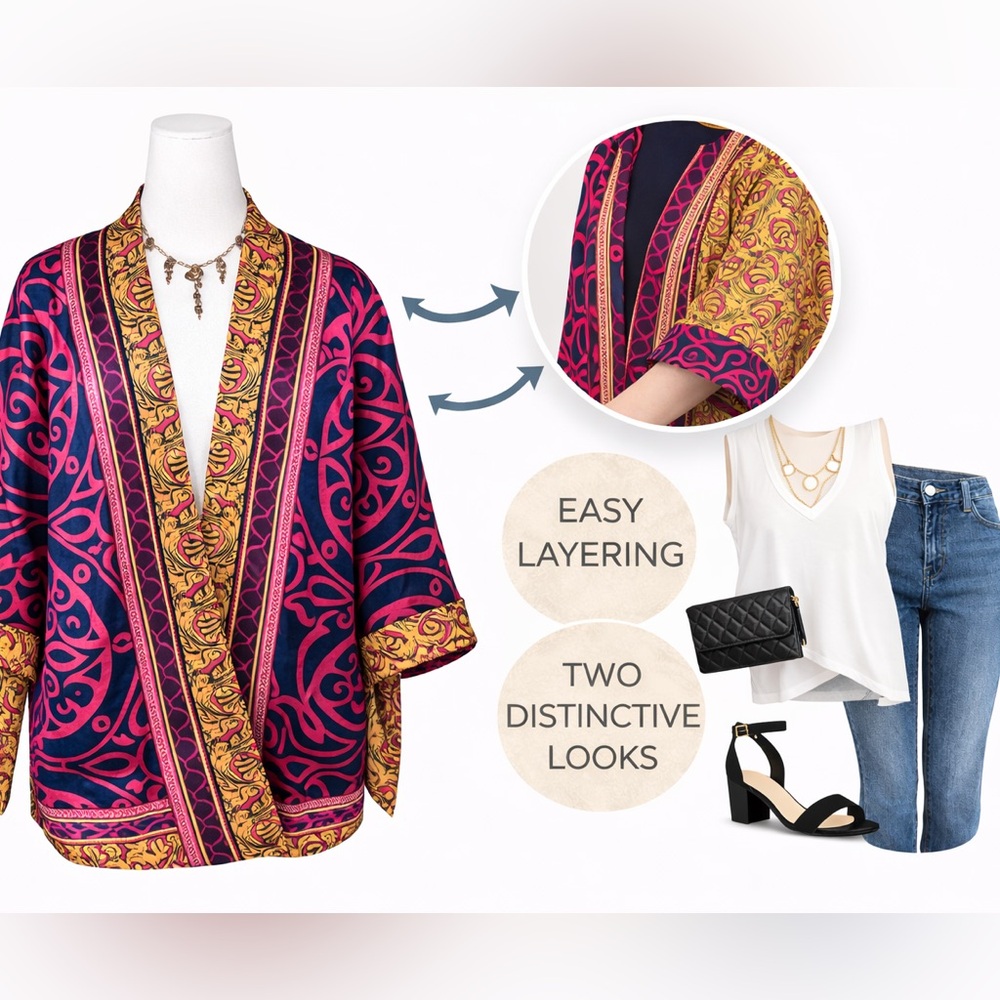 Chico’s Reversible Kimono Jacket NWT Size 1 Open Front Lightweight Duster - Picture 4 of 14
